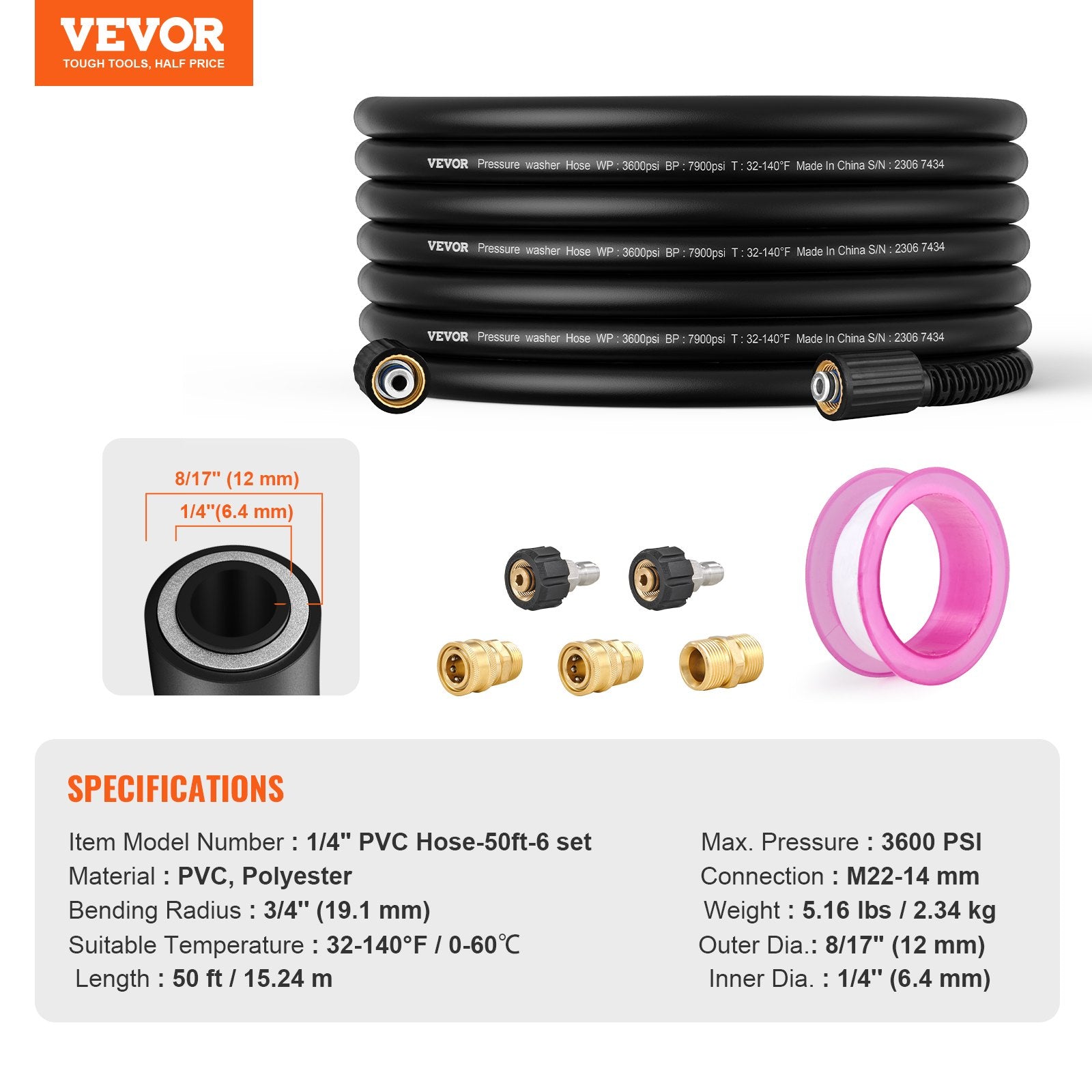 50 FT 3600 PSI High Pressure Power Washer Hose 1/4" Quick Connection V952-GYQXRG50FT14NU19OV0