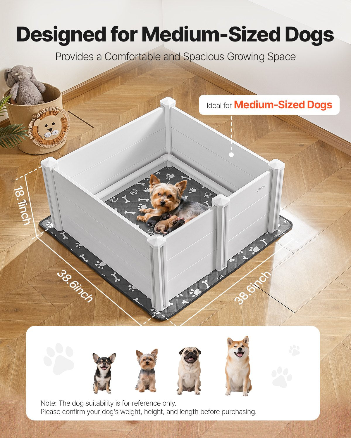 Dogs Whelping Box, 980 x 980 x 460 mm, Plastic PVC Puppies Playpen with Height Adjustable Door and Washable V952-GYZXZJZJSLZXOYTOYV0