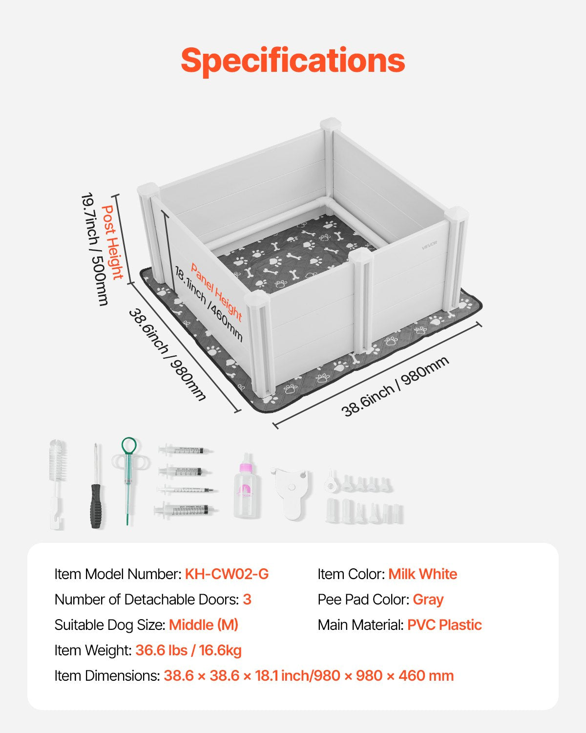 Dogs Whelping Box, 980 x 980 x 460 mm, Plastic PVC Puppies Playpen with Height Adjustable Door and Washable V952-GYZXZJZJSLZXOYTOYV0
