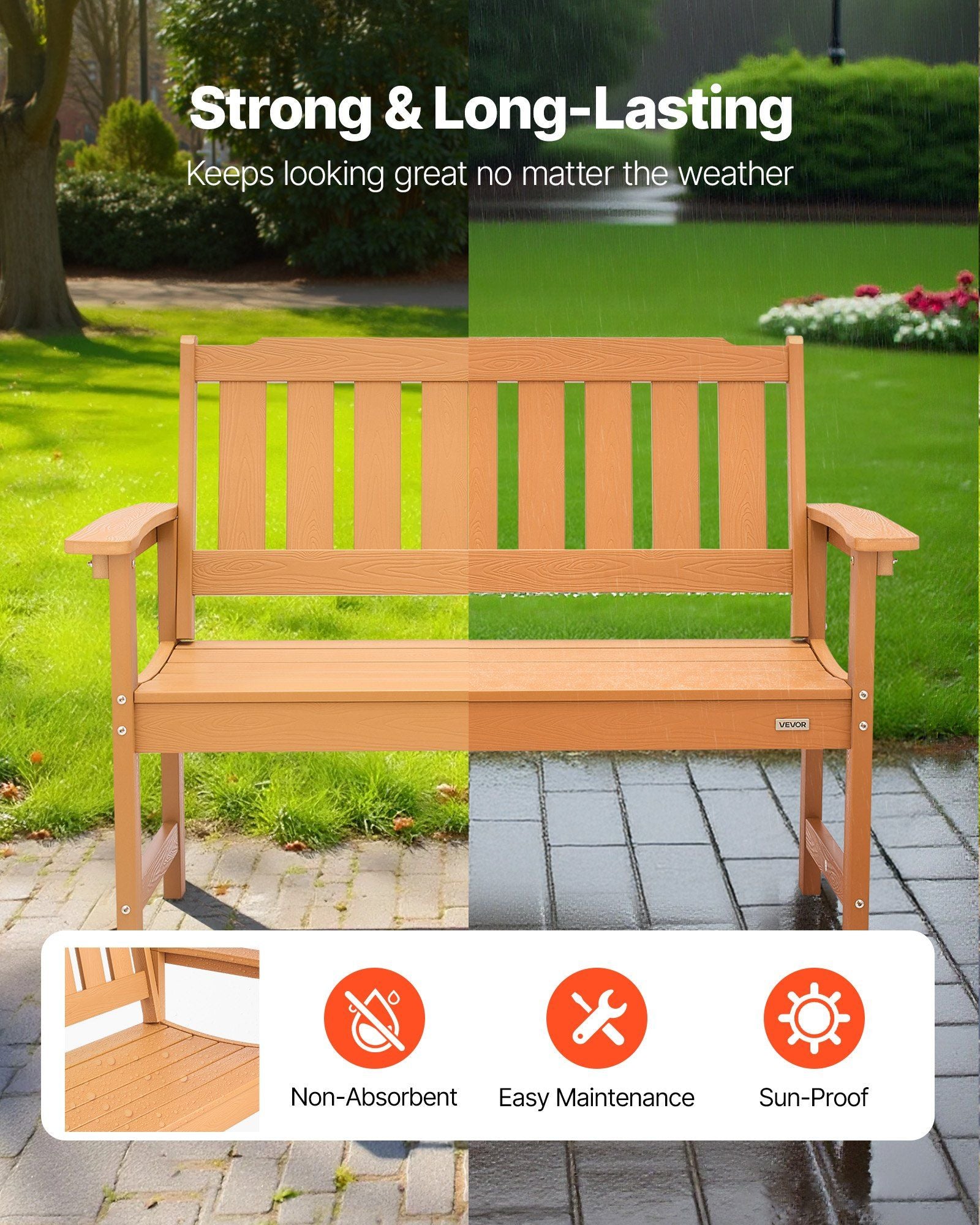 Outdoor Bench, 128 cm, 363 kg Weight Capacity for 2-3 Persons, Weatherproof Plastic Frame with Backrest and V952-GYZYSLYMSSTBEEBDW001V0