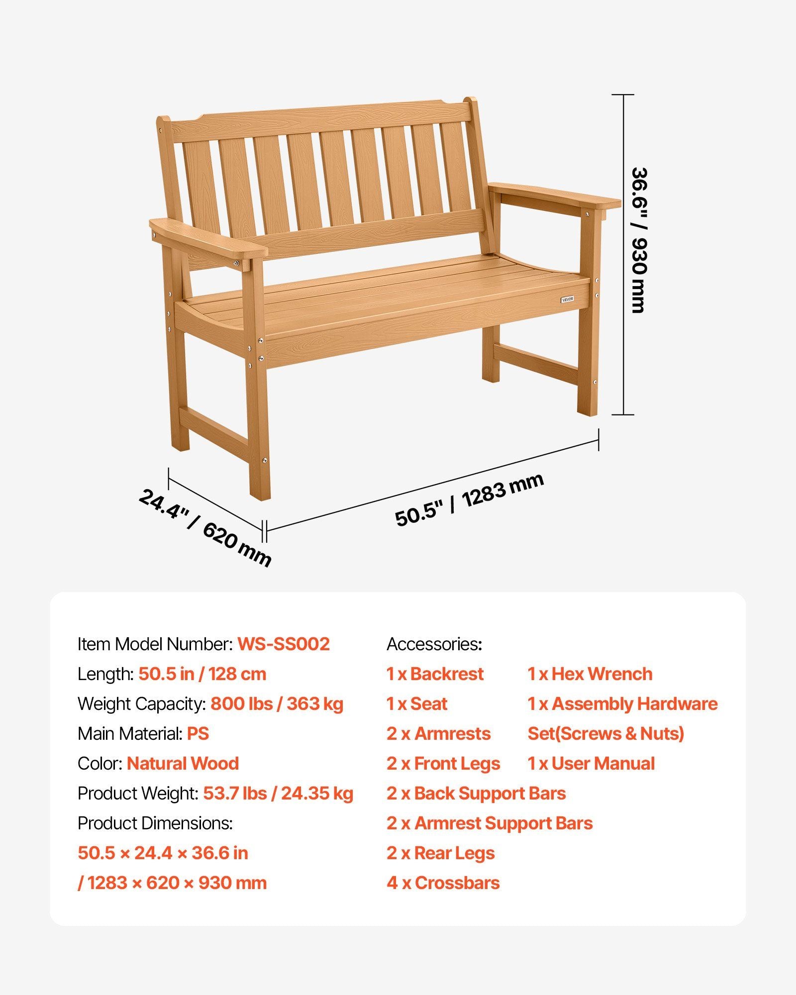 Outdoor Bench, 128 cm, 363 kg Weight Capacity for 2-3 Persons, Weatherproof Plastic Frame with Backrest and V952-GYZYSLYMSSTBEEBDW001V0