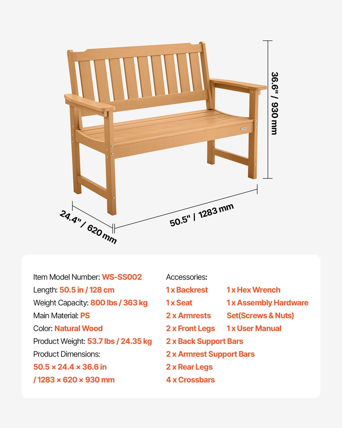 Outdoor Bench, 128 cm, 363 kg Weight Capacity for 2-3 Persons, Weatherproof Plastic Frame with Backrest and V952-GYZYSLYMSSTBEEBDW001V0