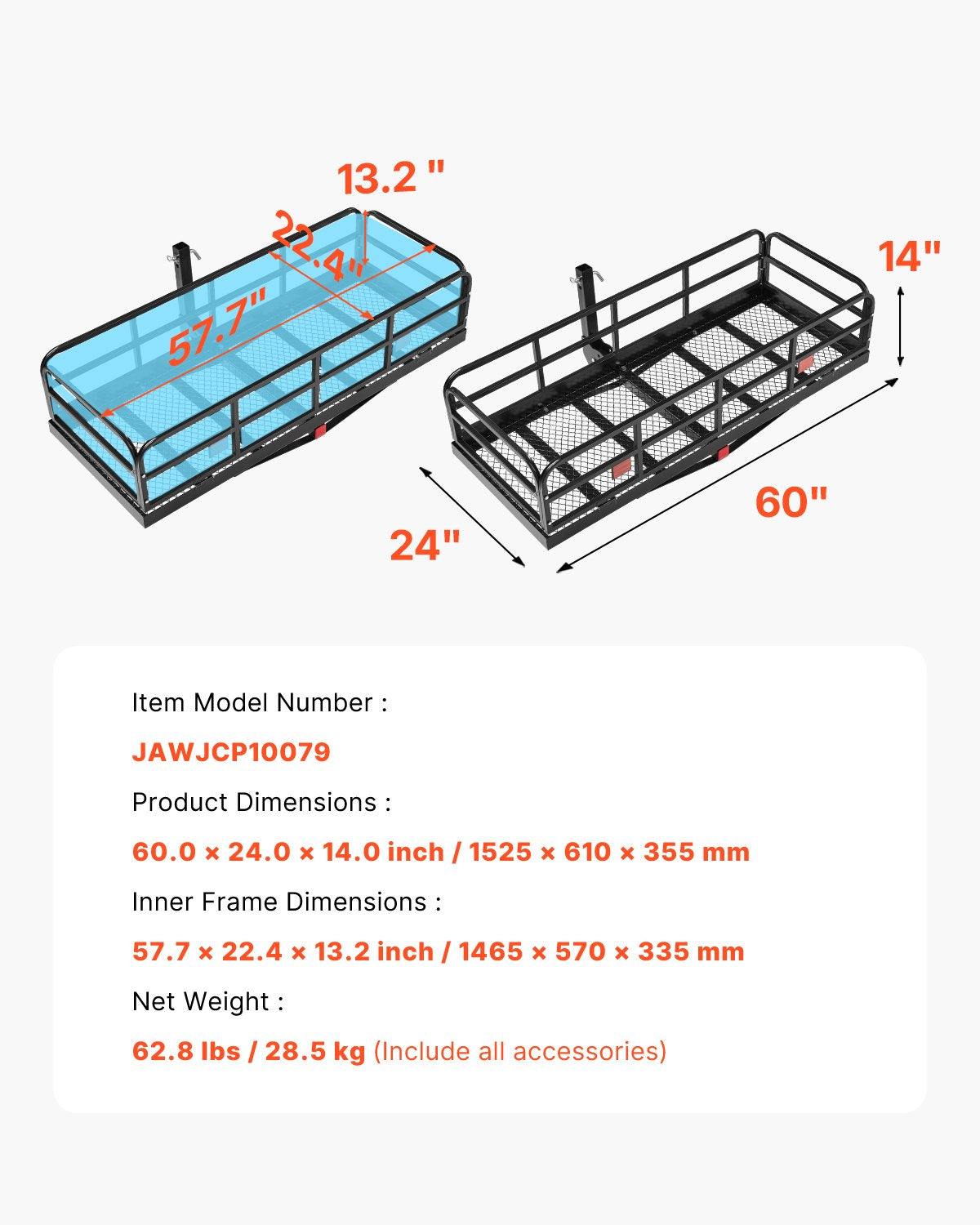 60" x 24" x 14", Hitch Cargo Carrier, 500 lbs Capacity Hitch Cargo Carrier with Anti-Rattle Hitch Stabilizer, V952-GZBDPDECKFGZO1MA7V0