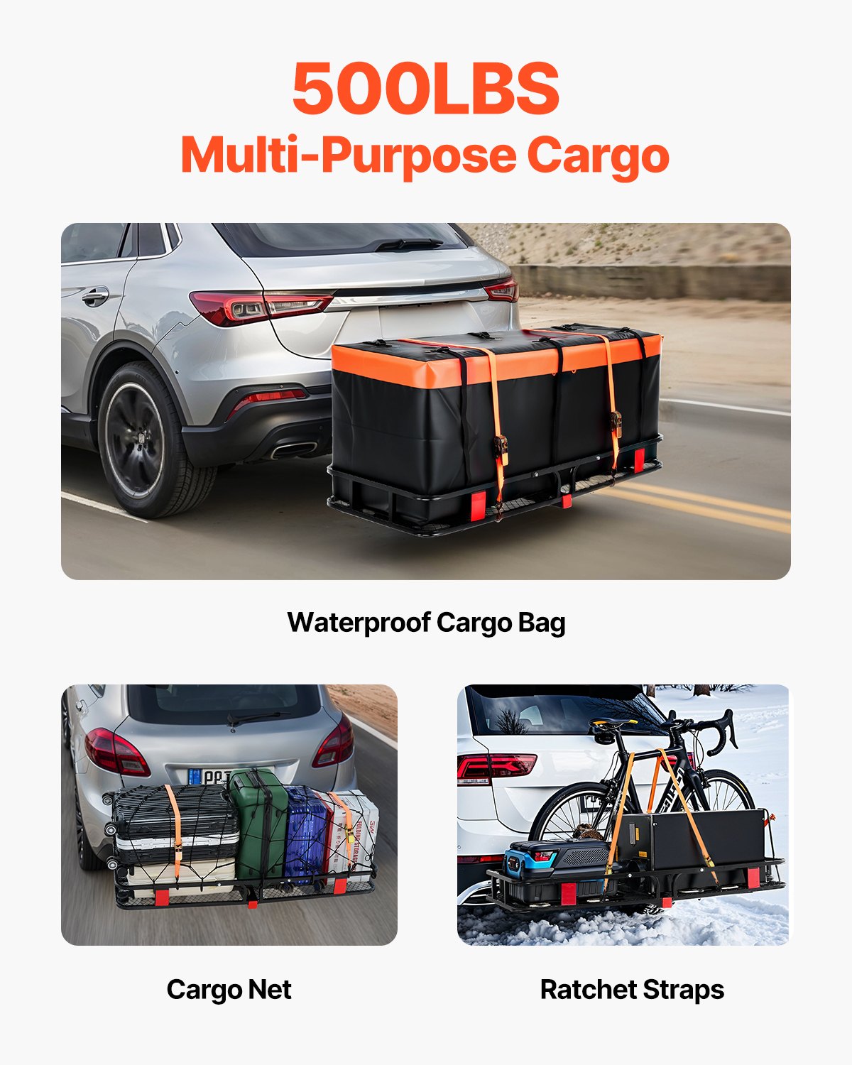60" x 24" x 6", Hitch Cargo Carrier, 500 lbs Capacity Hitch Cargo Carrier with Cargo Net with Hook & V952-GZBDPDECKFGZR2EQ5V0