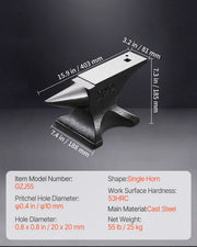 Single Horn Anvil, 55lbs Cast Steel Anvil, High Hardness Rugged Round Horn Anvil for Blacksmiths, with Large V952-GZDJG25KG000U4QUNV0