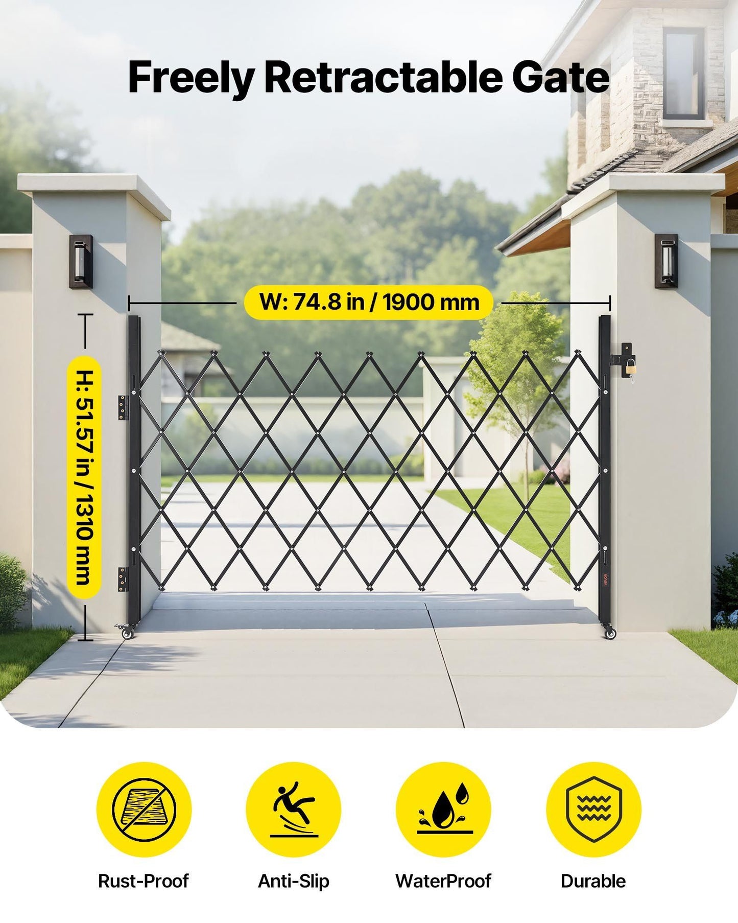 Single Folding Security Gate, Lockable Scissor Gate with 360 degree Swivel Casters, Outdoor Barricade Steel V952-GZDZDAQM51575LJAZ001V0