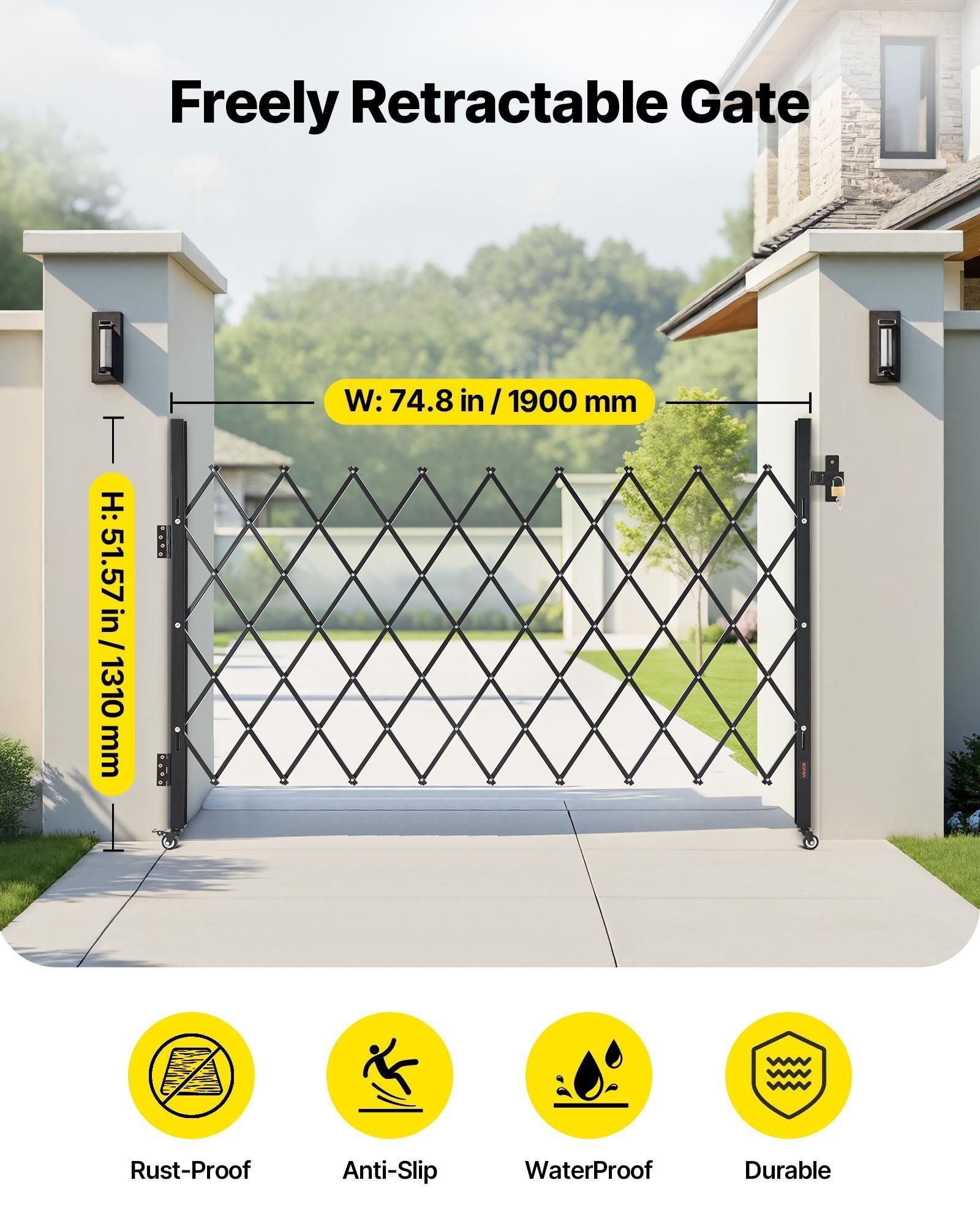 Single Folding Security Gate, Lockable Scissor Gate with 360 degree Swivel Casters, Outdoor Barricade Steel V952-GZDZDAQM51575LJAZ001V0