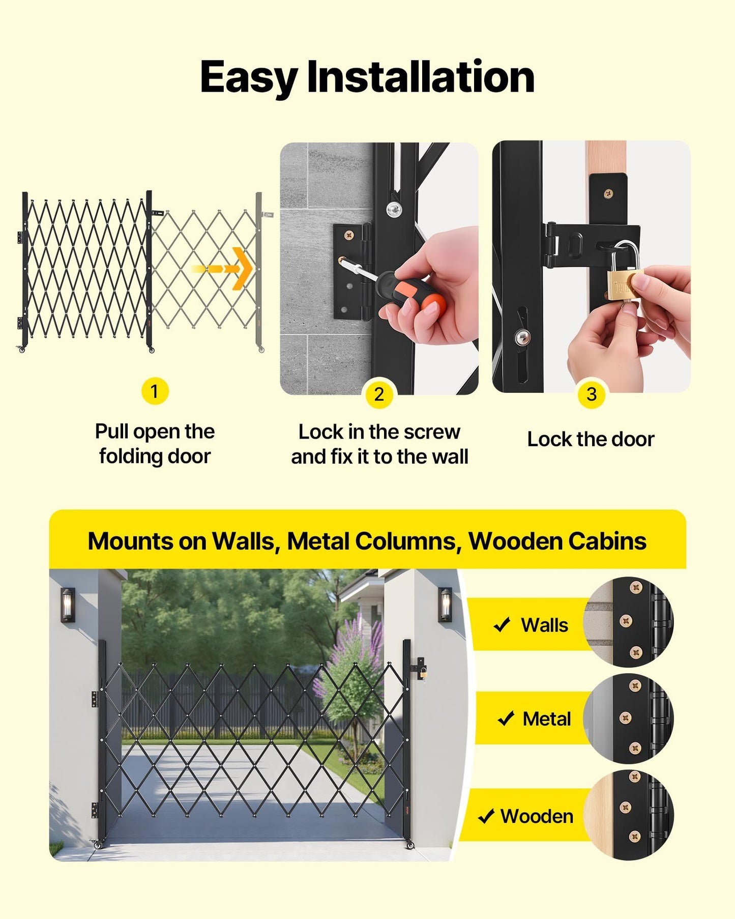 Single Folding Security Gate, Lockable Scissor Gate with 360 degree Swivel Casters, Outdoor Barricade Steel V952-GZDZDAQM51575LJAZ001V0