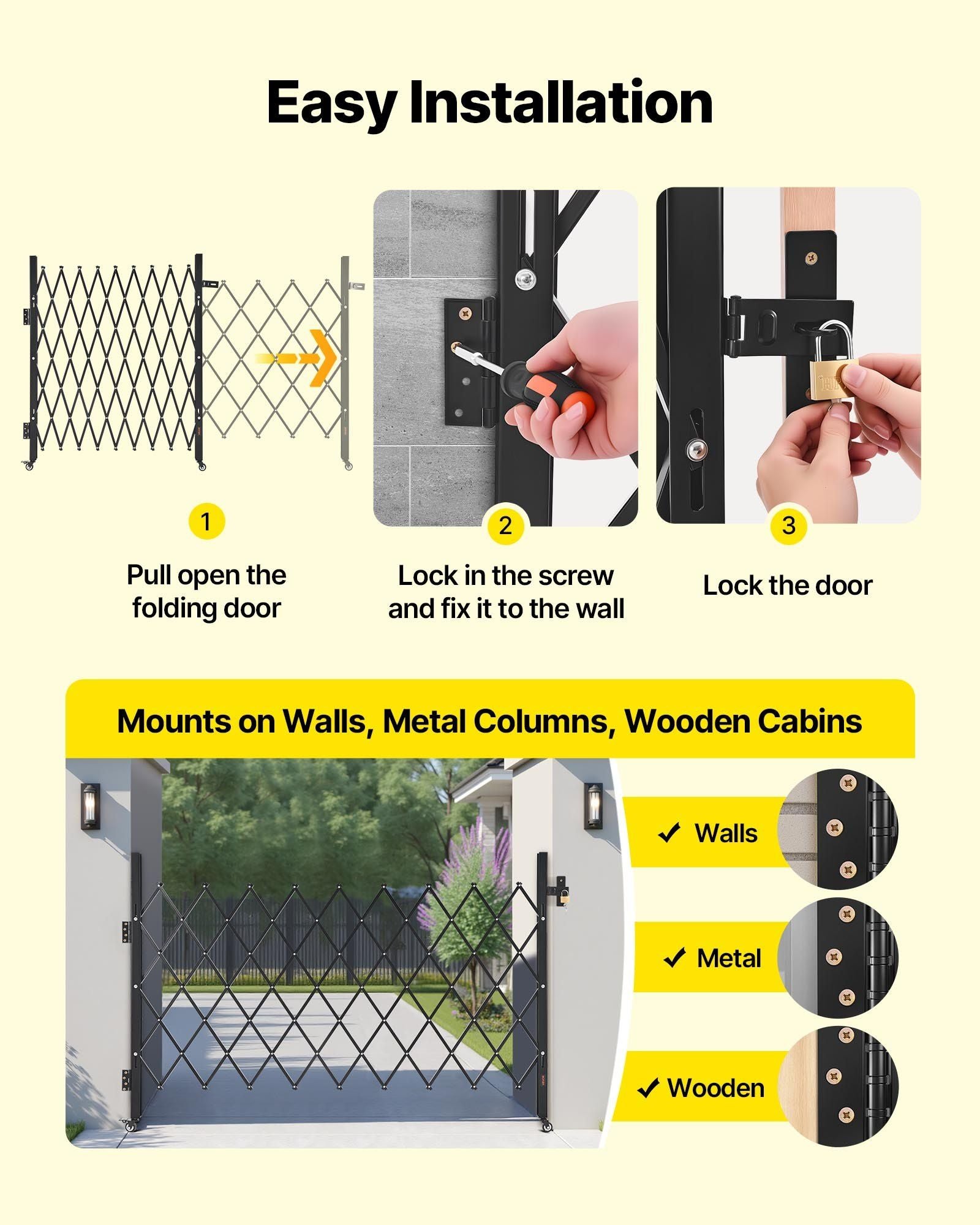 Single Folding Security Gate, Lockable Scissor Gate with 360 degree Swivel Casters, Outdoor Barricade Steel V952-GZDZDAQM51575LJAZ001V0