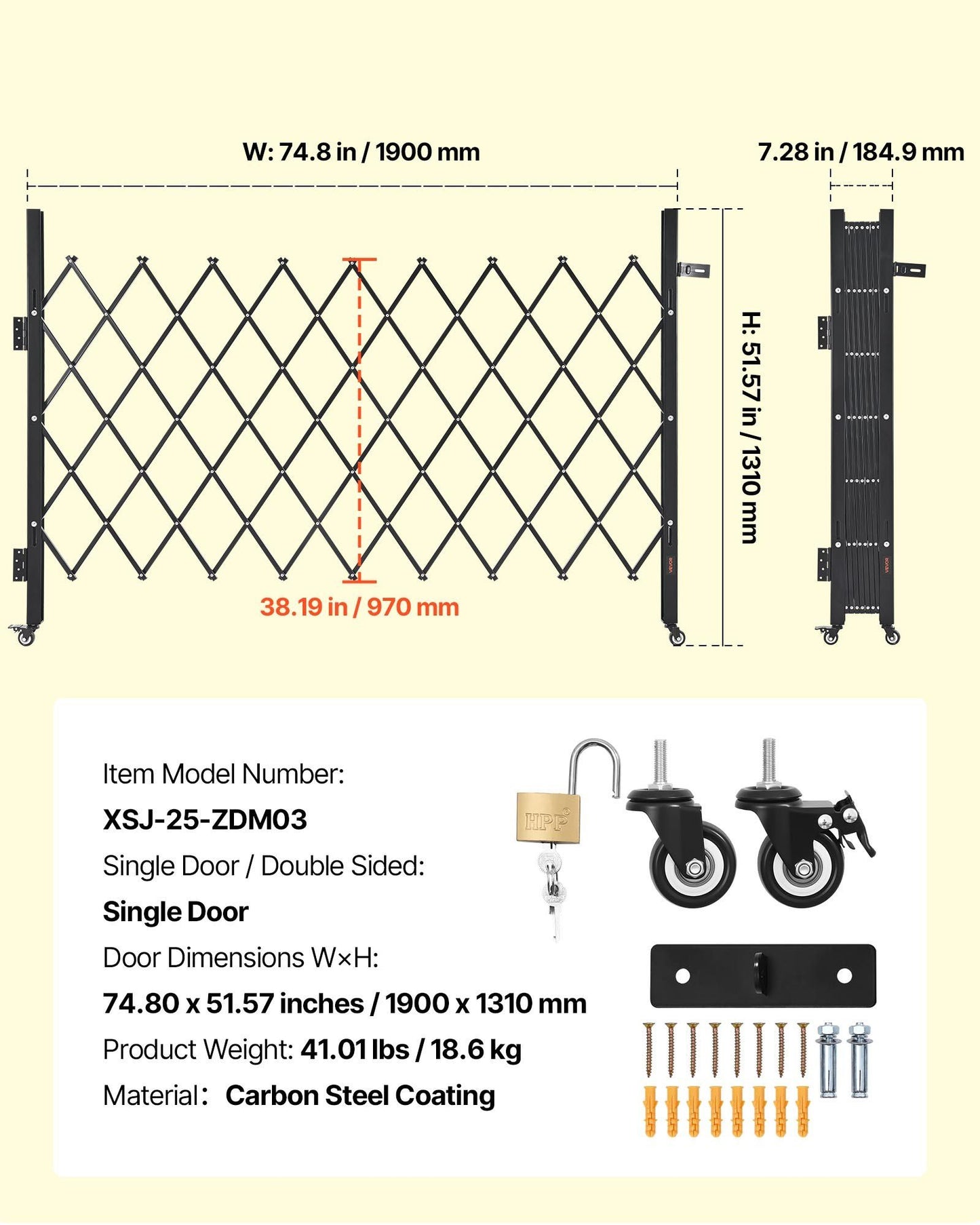 Single Folding Security Gate, Lockable Scissor Gate with 360 degree Swivel Casters, Outdoor Barricade Steel V952-GZDZDAQM51575LJAZ001V0