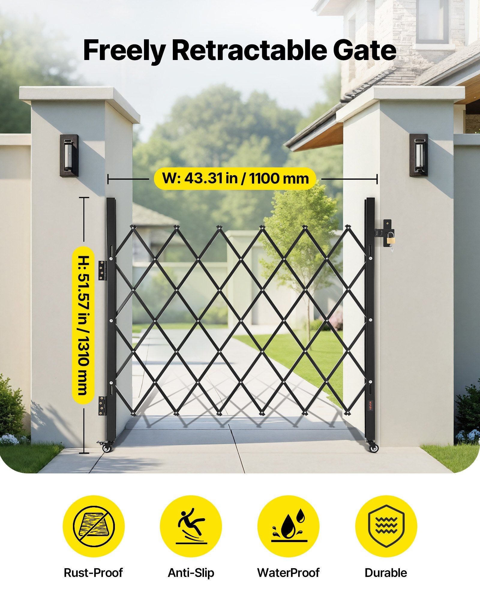 Single Folding Security Gate, Lockable Scissor Gate with 360 degree Swivel Casters, Outdoor Barricade Steel V952-GZDZDAQM5157HX49X001V0