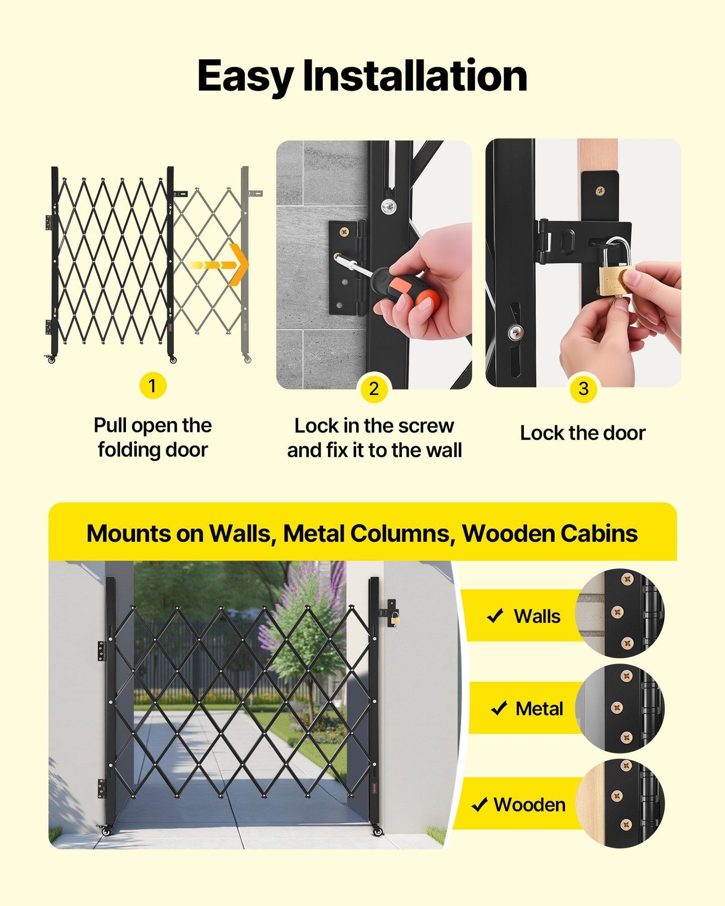 Single Folding Security Gate, Lockable Scissor Gate with 360 degree Swivel Casters, Outdoor Barricade Steel V952-GZDZDAQM5157HX49X001V0