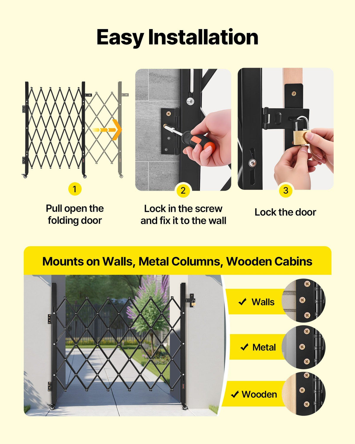 Single Folding Security Gate, Lockable Scissor Gate with 360 degree Swivel Casters, Outdoor Barricade Steel V952-GZDZDAQM5157HX49X001V0