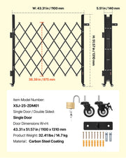 Single Folding Security Gate, Lockable Scissor Gate with 360 degree Swivel Casters, Outdoor Barricade Steel V952-GZDZDAQM5157HX49X001V0