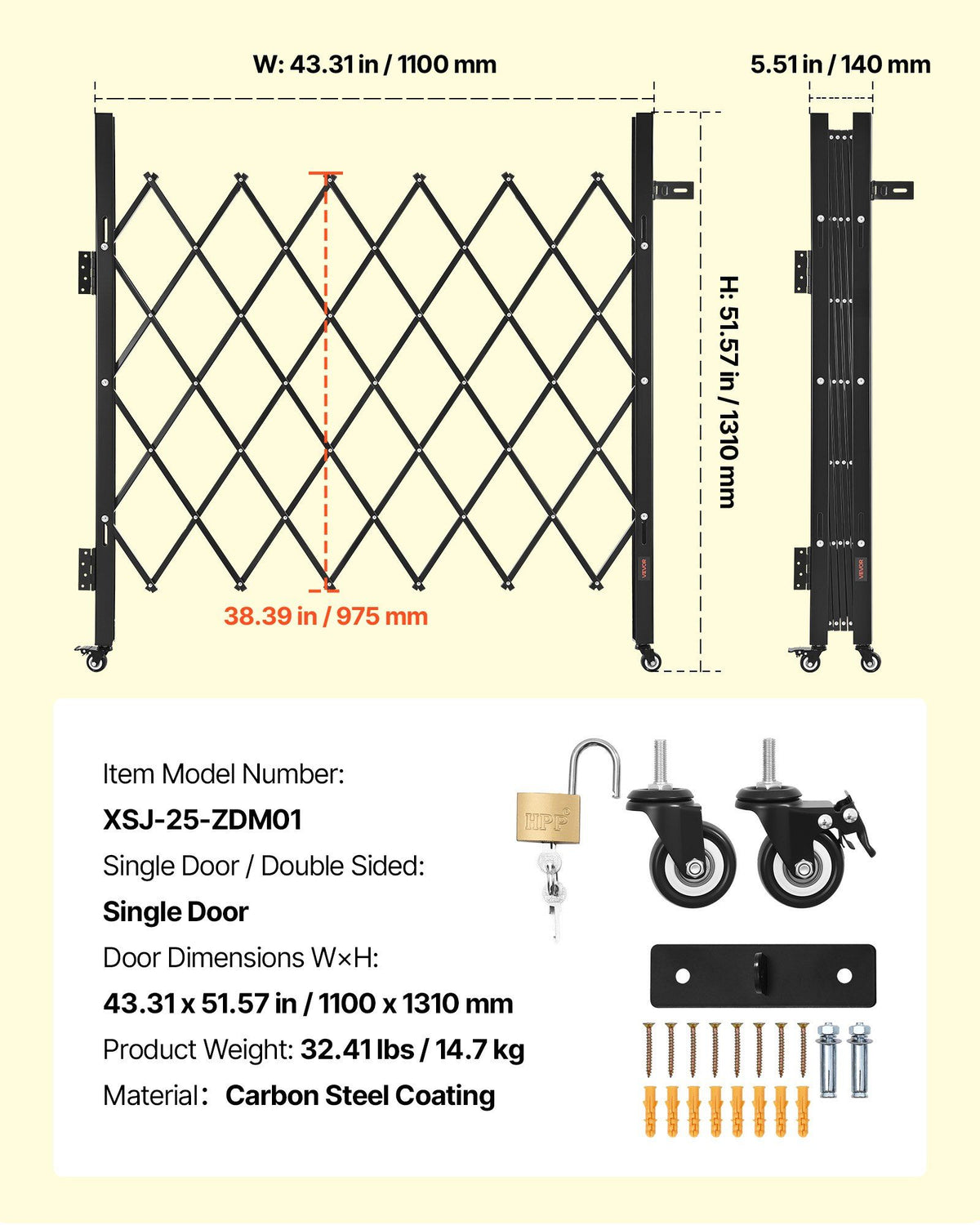 Single Folding Security Gate, Lockable Scissor Gate with 360 degree Swivel Casters, Outdoor Barricade Steel V952-GZDZDAQM5157HX49X001V0