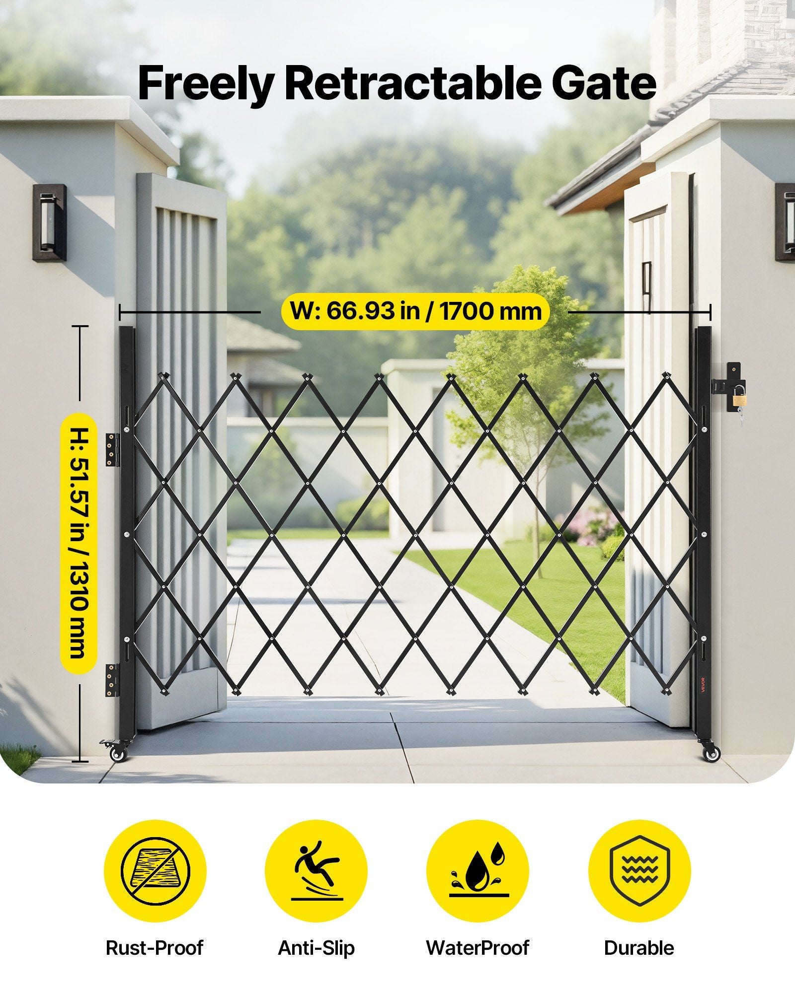 Single Folding Security Gate, Lockable Scissor Gate with 360 degree Swivel Casters, Outdoor Barricade Steel V952-GZDZDAQM5157ODKJ1001V0