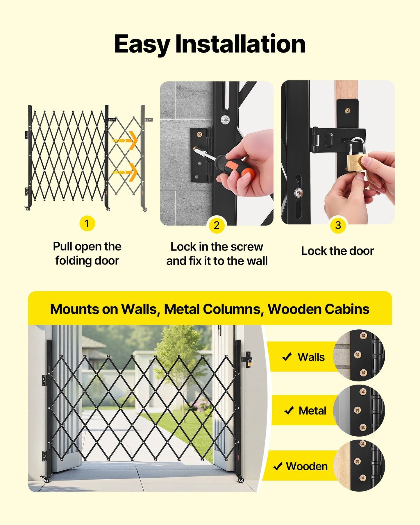 Single Folding Security Gate, Lockable Scissor Gate with 360 degree Swivel Casters, Outdoor Barricade Steel V952-GZDZDAQM5157ODKJ1001V0