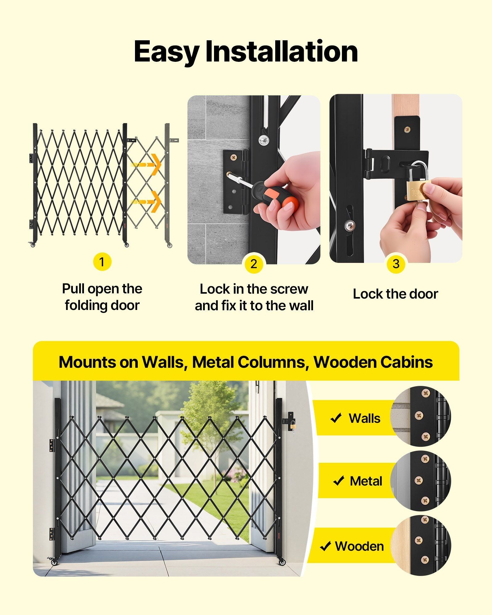 Single Folding Security Gate, Lockable Scissor Gate with 360 degree Swivel Casters, Outdoor Barricade Steel V952-GZDZDAQM5157ODKJ1001V0