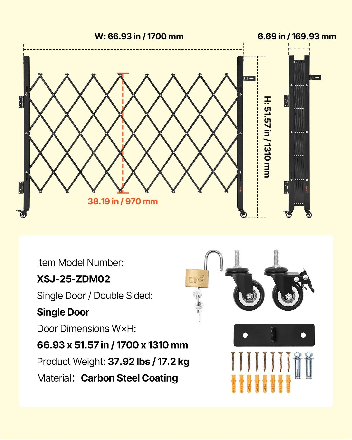 Single Folding Security Gate, Lockable Scissor Gate with 360 degree Swivel Casters, Outdoor Barricade Steel V952-GZDZDAQM5157ODKJ1001V0