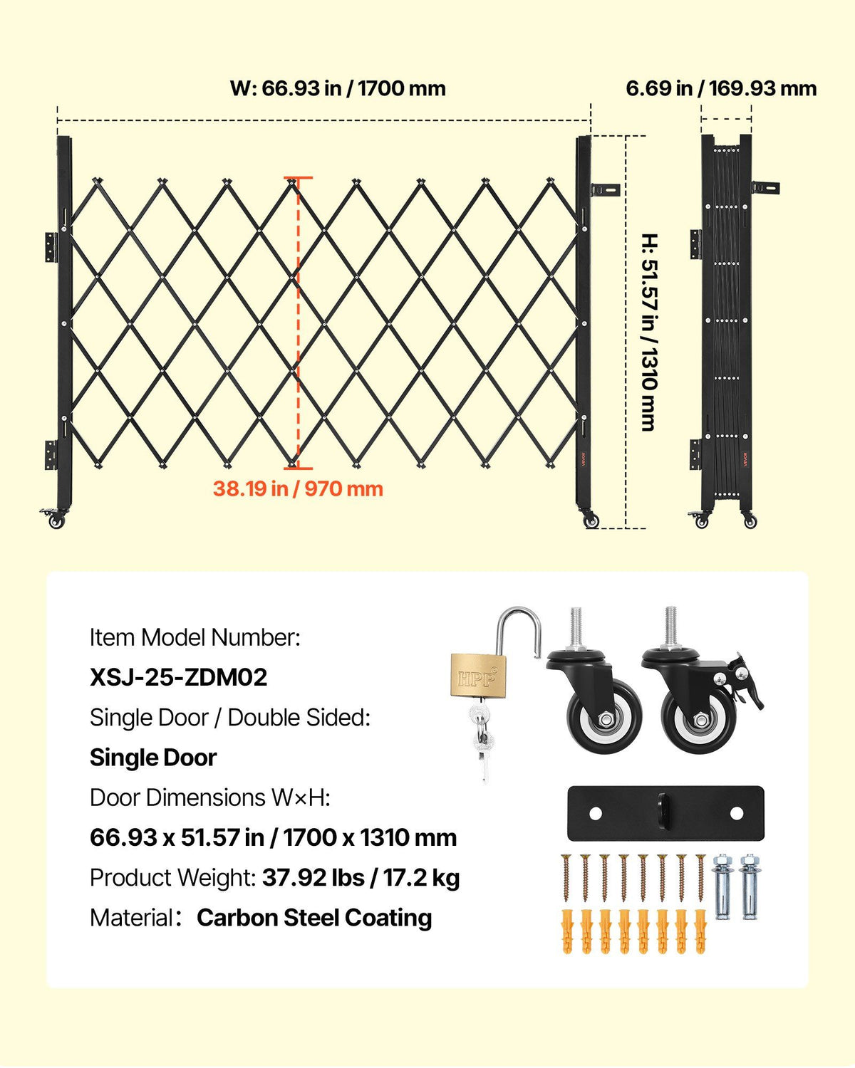 Single Folding Security Gate, Lockable Scissor Gate with 360 degree Swivel Casters, Outdoor Barricade Steel V952-GZDZDAQM5157ODKJ1001V0