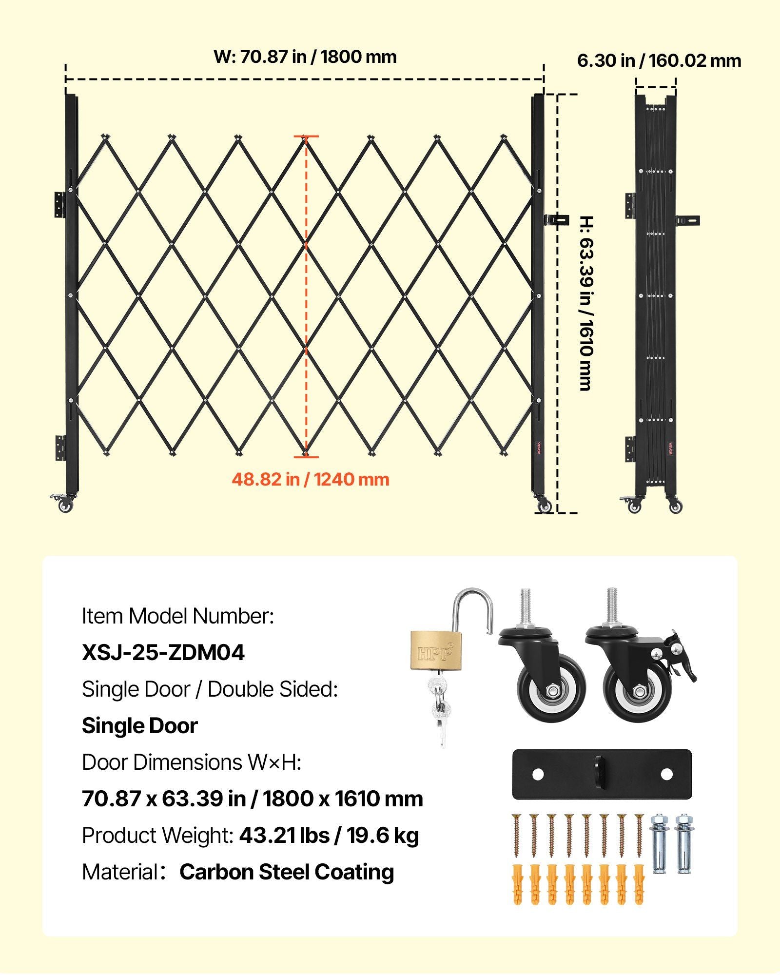 Single Folding Security Gate, Lockable Scissor Gate with 360 degree Swivel Casters, Outdoor Barricade Steel V952-GZDZDAQM63398ECAH001V0