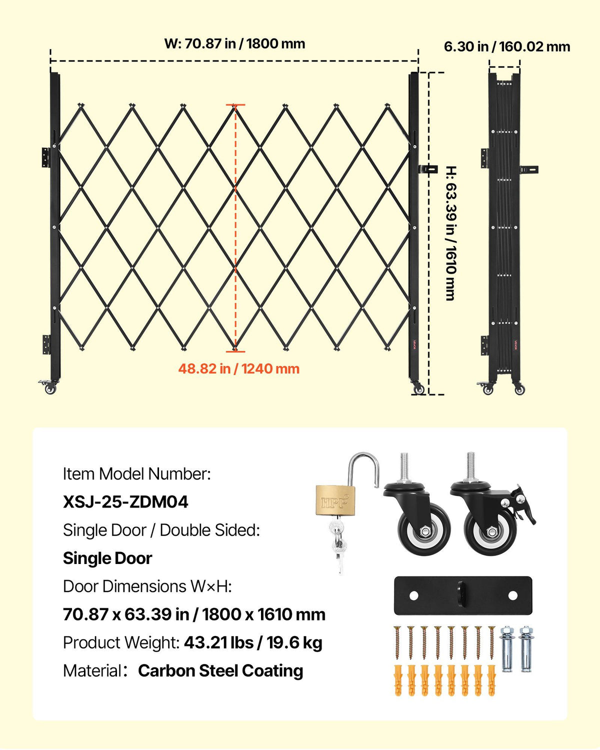 Single Folding Security Gate, Lockable Scissor Gate with 360 degree Swivel Casters, Outdoor Barricade Steel V952-GZDZDAQM63398ECAH001V0