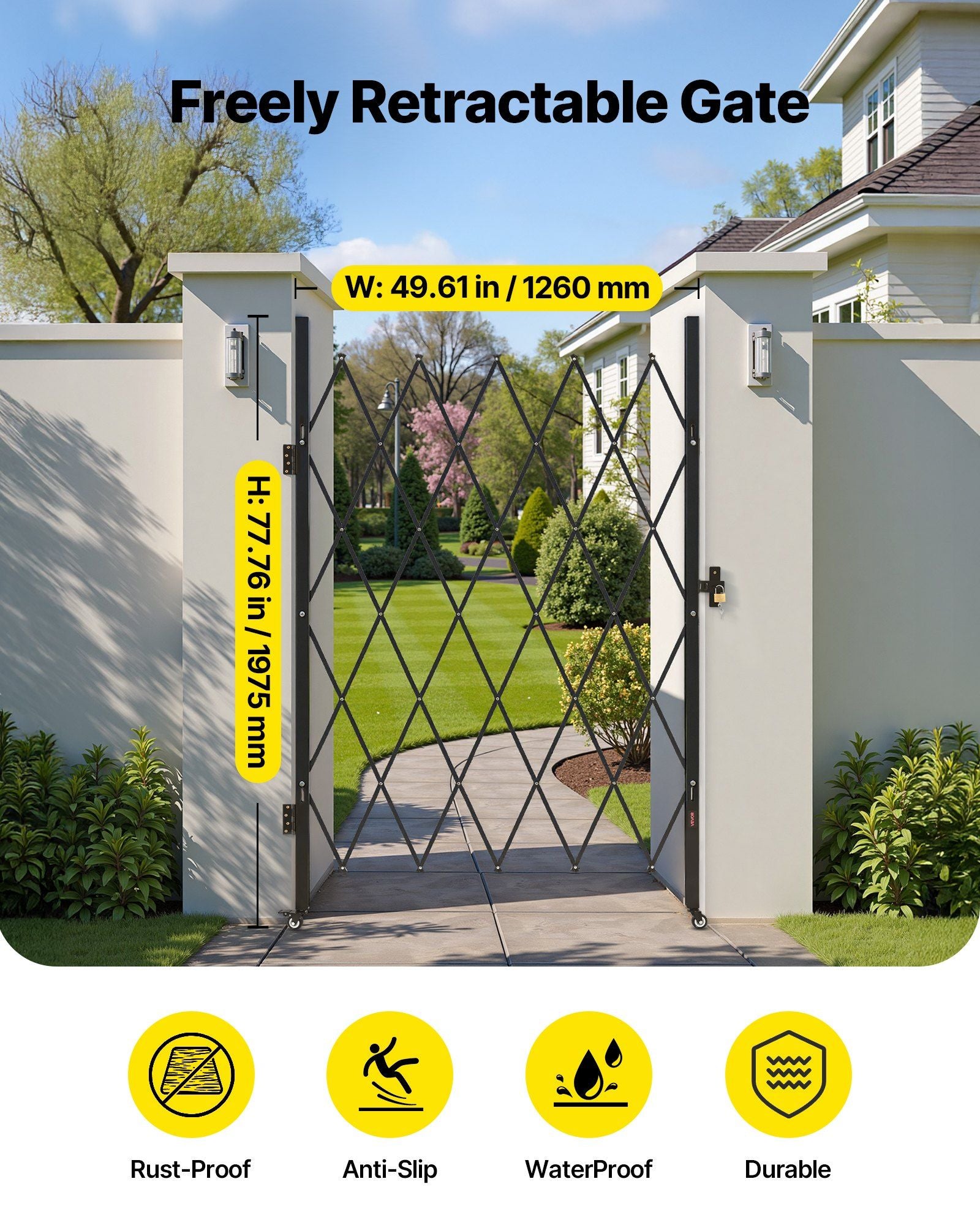 Single Folding Security Gate, Lockable Scissor Gate with 360 degree Swivel Casters, Outdoor Barricade Steel V952-GZDZDAQM79483EIKM001V0