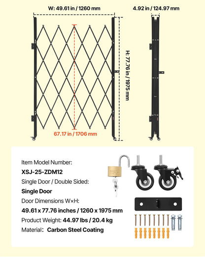 Single Folding Security Gate, Lockable Scissor Gate with 360 degree Swivel Casters, Outdoor Barricade Steel V952-GZDZDAQM79483EIKM001V0