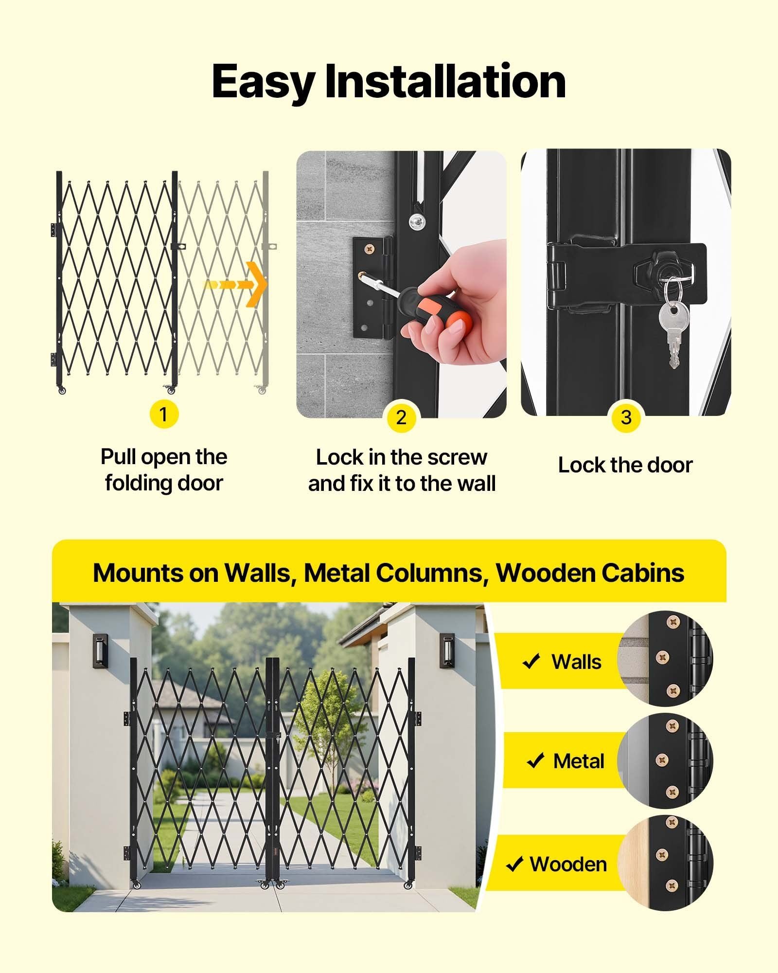 Double Folding Security Gate, Lockable Scissor Gate with 360 degree Swivel Casters, Outdoor Barricade Steel V952-GZSZDAQM63395RNRL001V0
