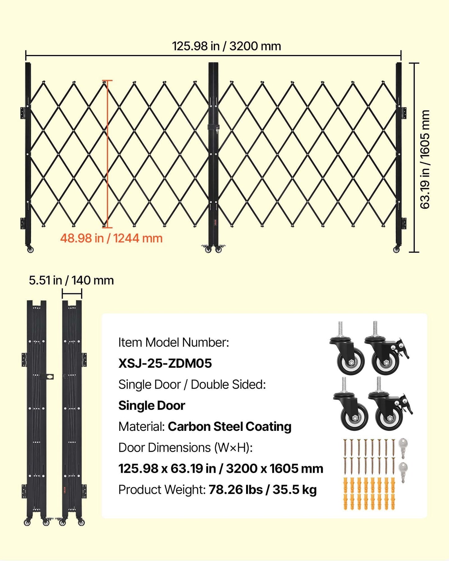 Double Folding Security Gate, Lockable Scissor Gate with 360 degree Swivel Casters, Outdoor Barricade Steel V952-GZSZDAQM63395RNRL001V0