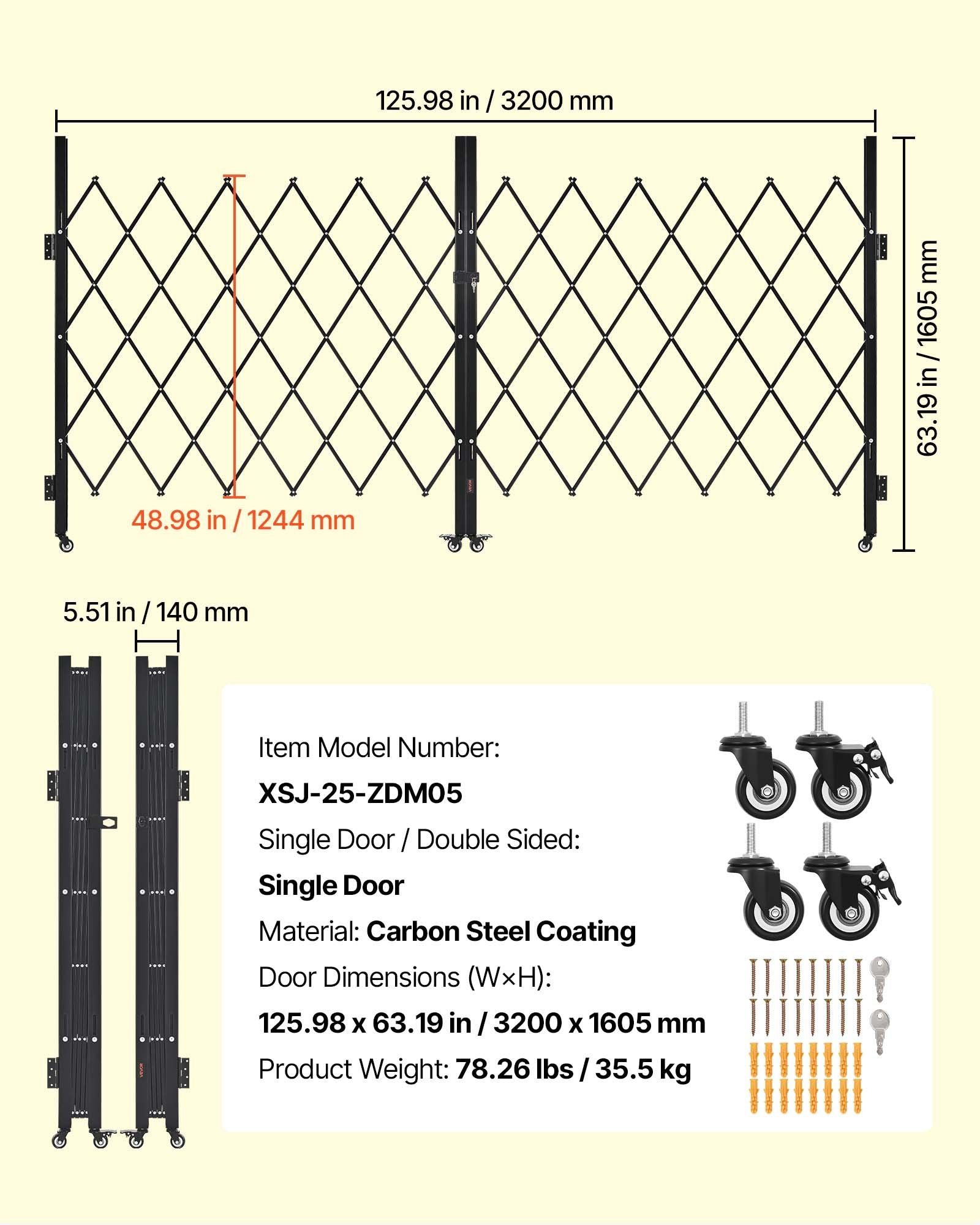 Double Folding Security Gate, Lockable Scissor Gate with 360 degree Swivel Casters, Outdoor Barricade Steel V952-GZSZDAQM63395RNRL001V0