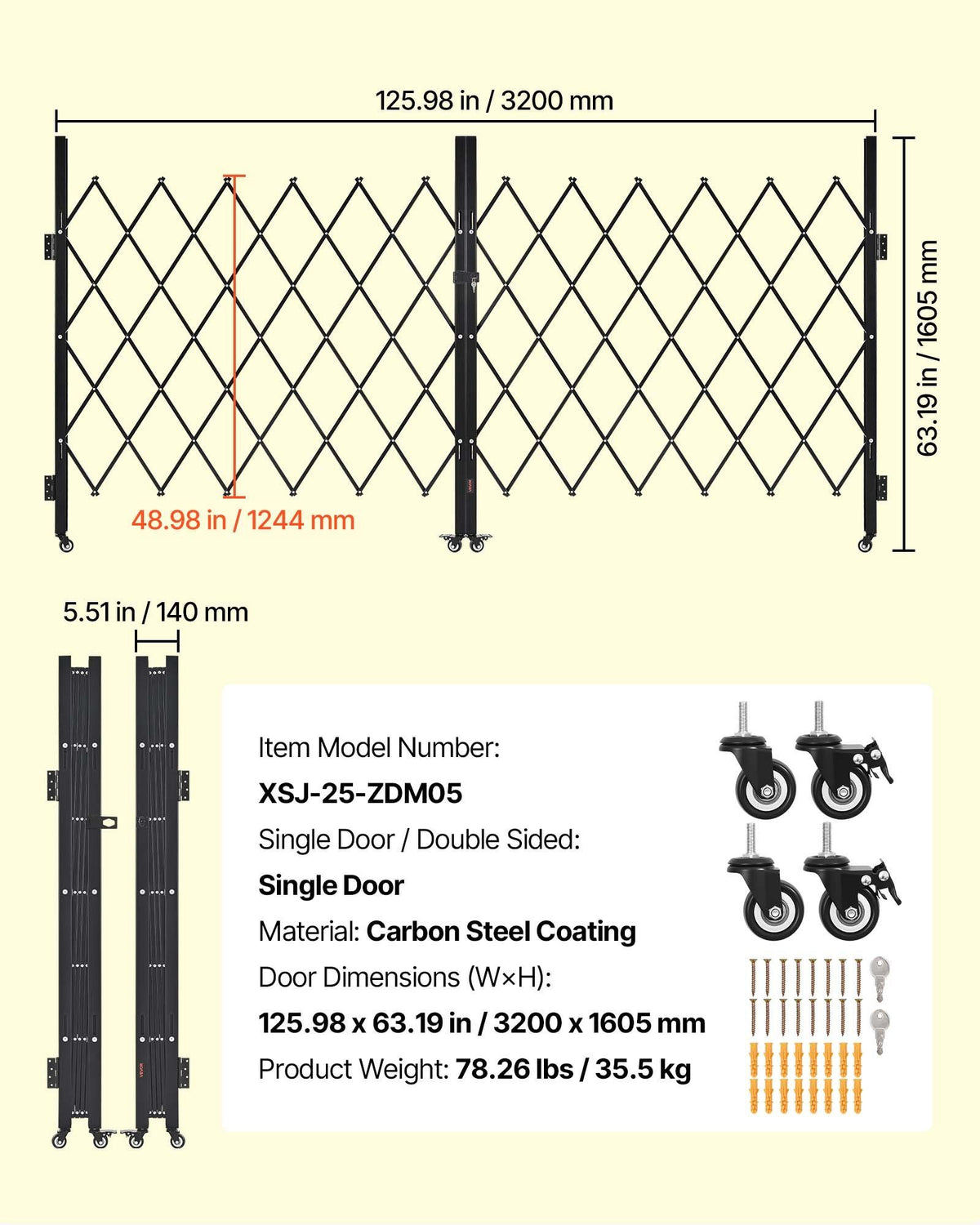 Double Folding Security Gate, Lockable Scissor Gate with 360 degree Swivel Casters, Outdoor Barricade Steel V952-GZSZDAQM63395RNRL001V0