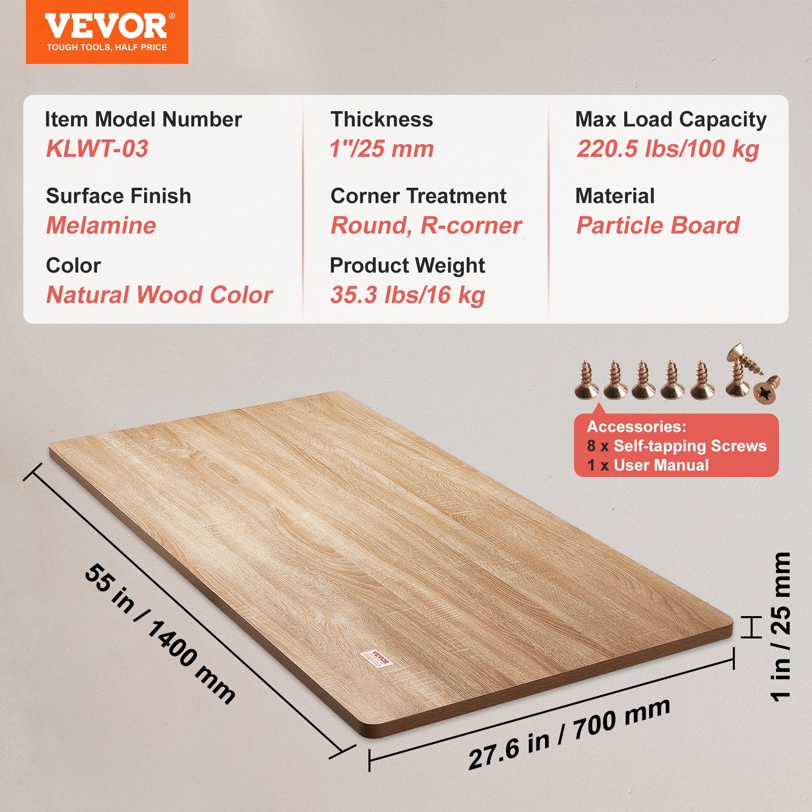 Table Top, 55" x 27.6" x 1", 220.5 lbs Load Capacity, Universal One-Piece Particle Board Desktop for Height V952-GZTZMBHB1407U0BS0V0