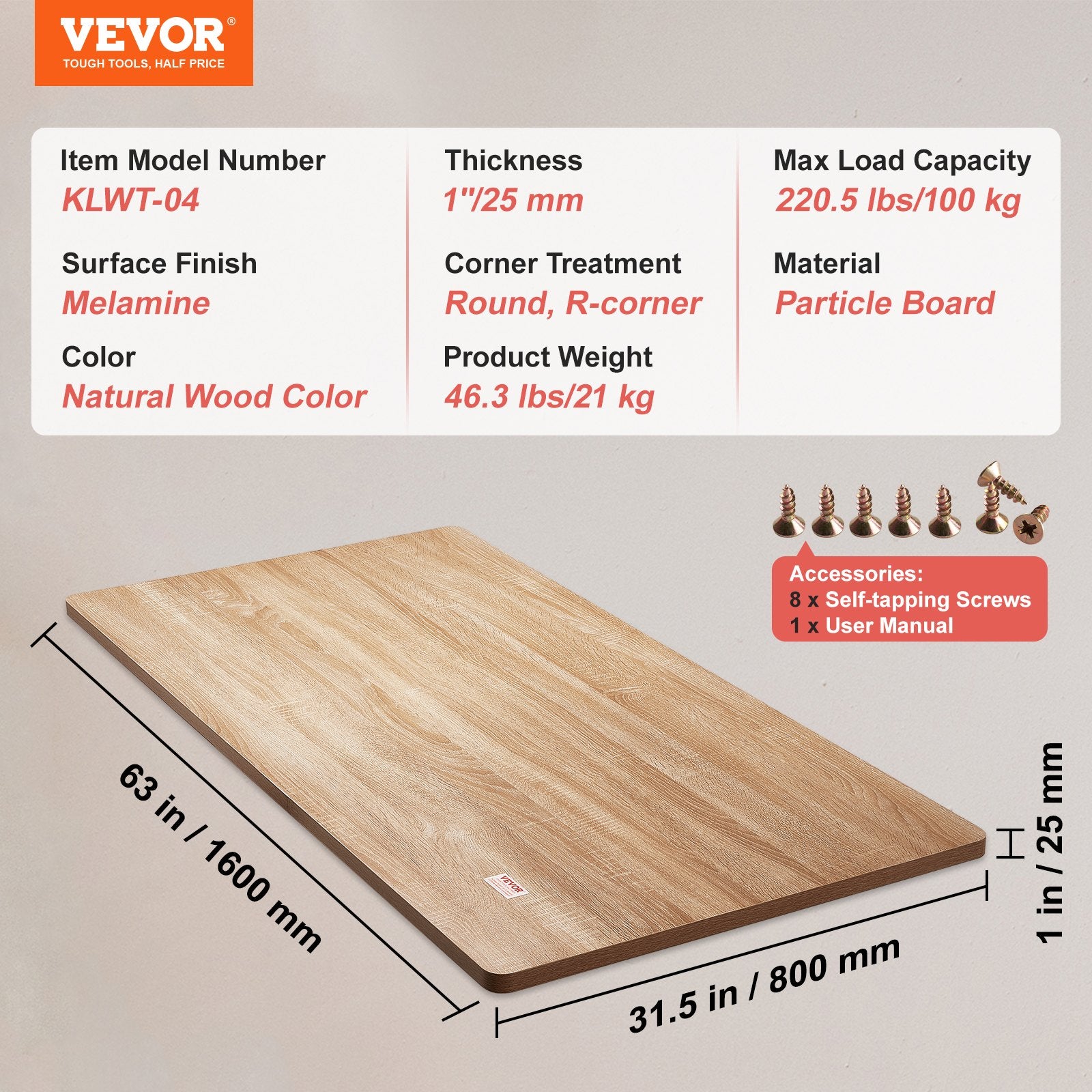 Table Top, 63" x 31.5" x 1", 220.5 lbs Load Capacity, Universal One-Piece Particle Board Desktop for Height V952-GZTZMBHB1608LLPZYV0
