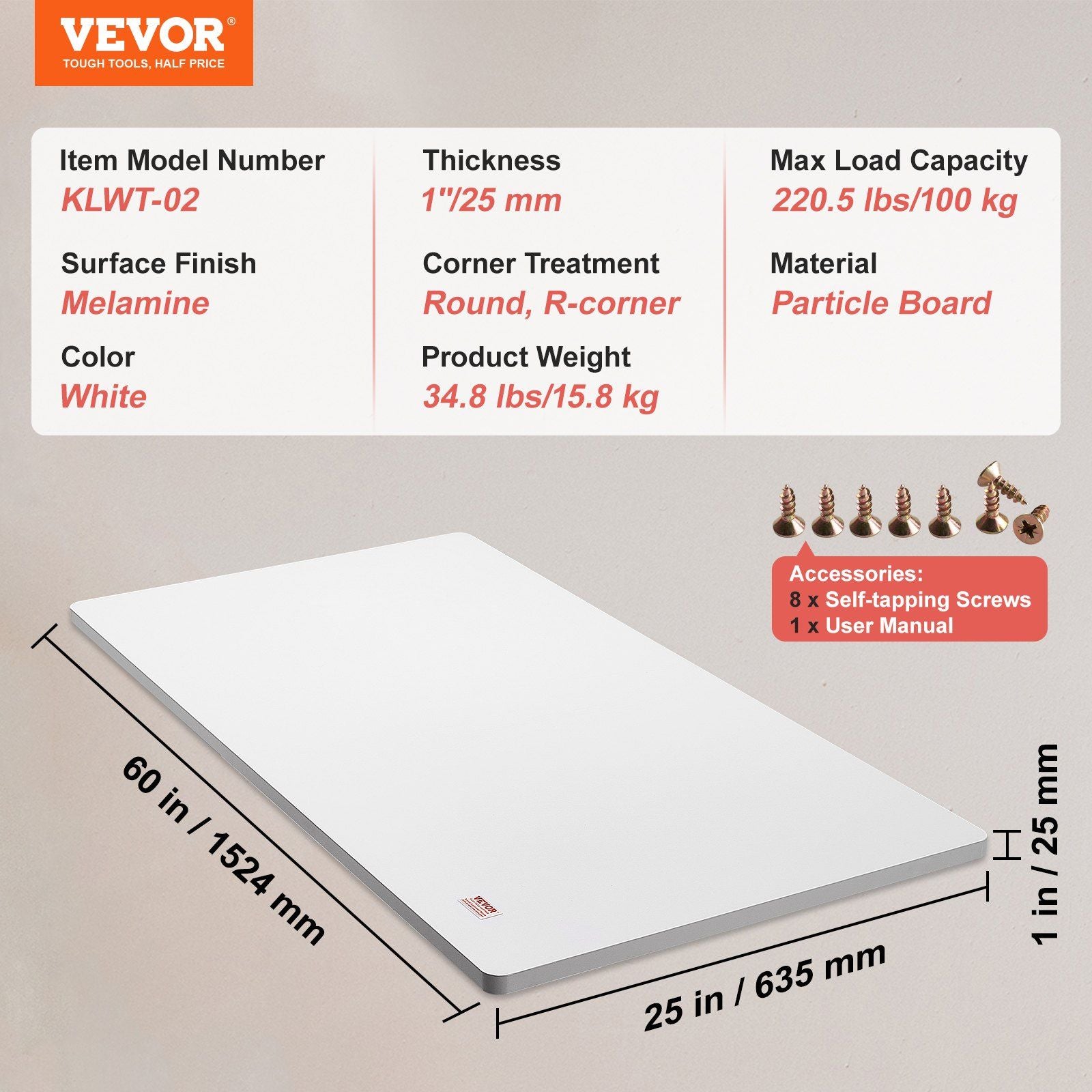 Table Top, 1524 x 635 x 25 mm, 100 kg Load Capacity, Universal One-Piece Particle Board Desktop for Height V952-GZTZMBHB6025RSAP2V0