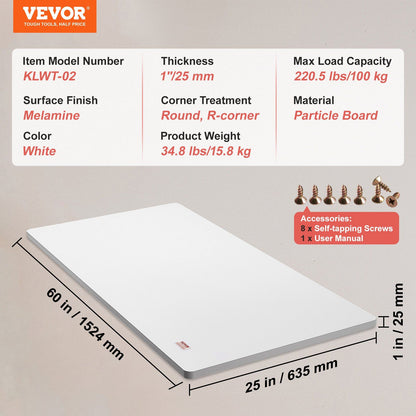 Table Top, 1524 x 635 x 25 mm, 100 kg Load Capacity, Universal One-Piece Particle Board Desktop for Height V952-GZTZMBHB6025RSAP2V0