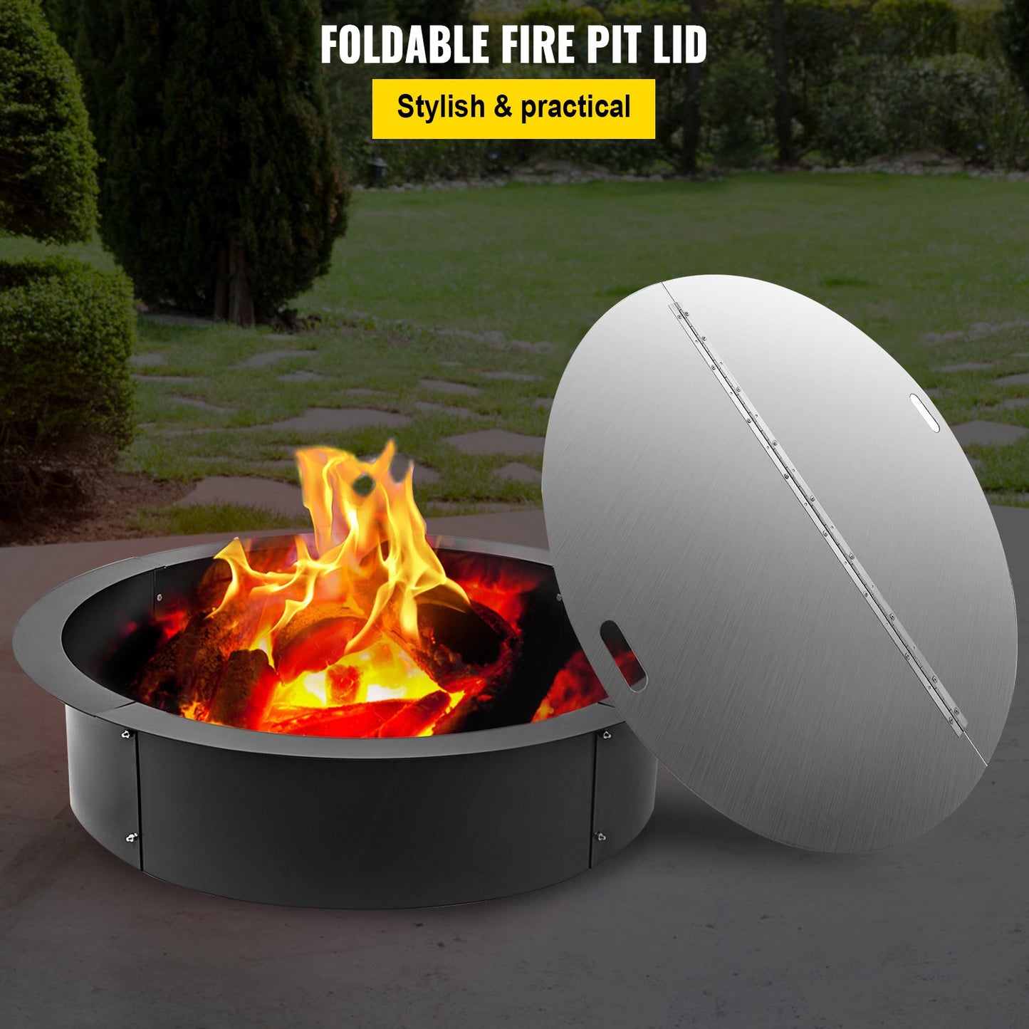 Fire Pit Lid Round 40 Inch Foldable Fire Pit Ring Snuff Cover 430 Stainless Steel Fire Pit Spark Screen Cover V952-GZZDSRSHPGZ40YC01V0