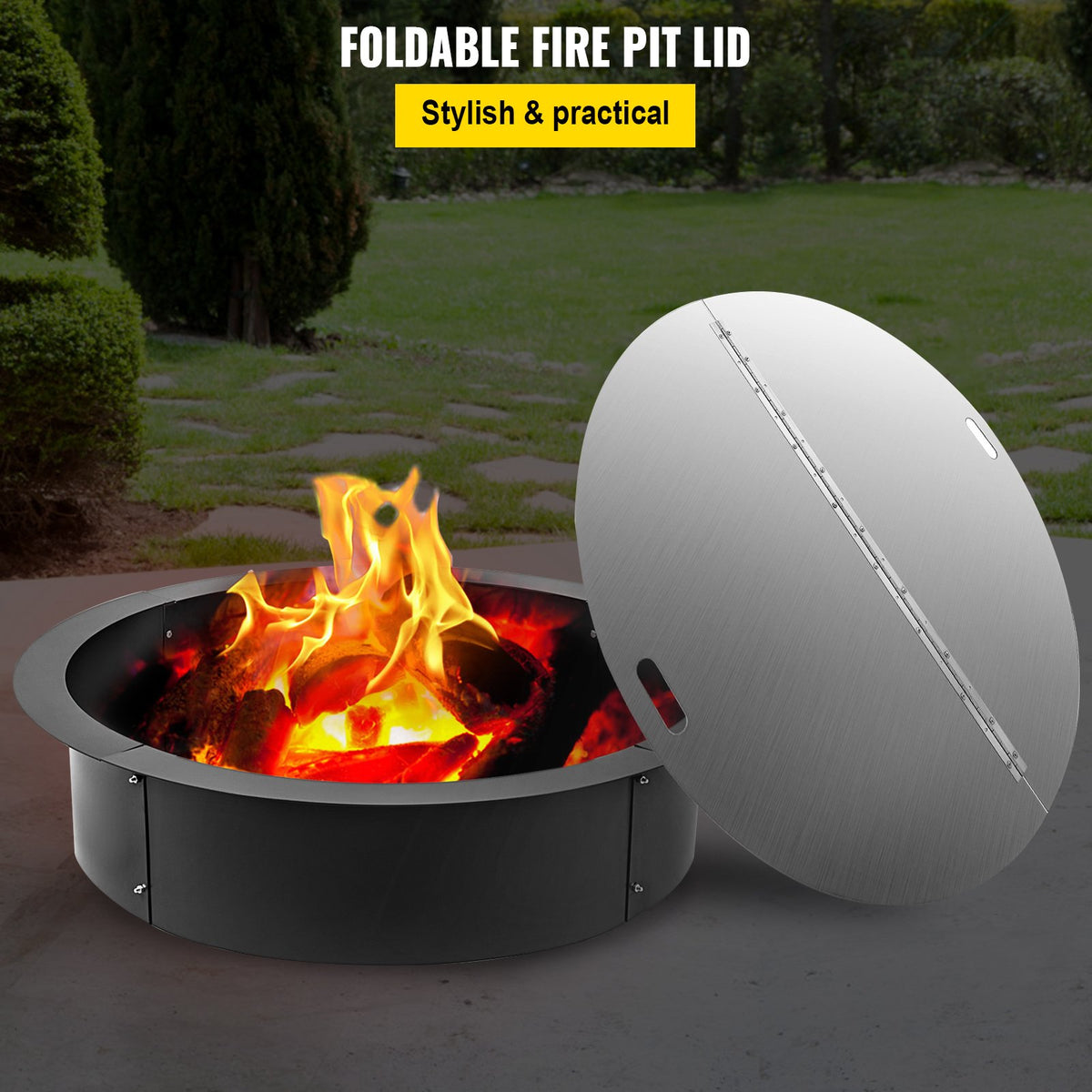 Fire Pit Lid Round 40 Inch Foldable Fire Pit Ring Snuff Cover 430 Stainless Steel Fire Pit Spark Screen Cover V952-GZZDSRSHPGZ40YC01V0