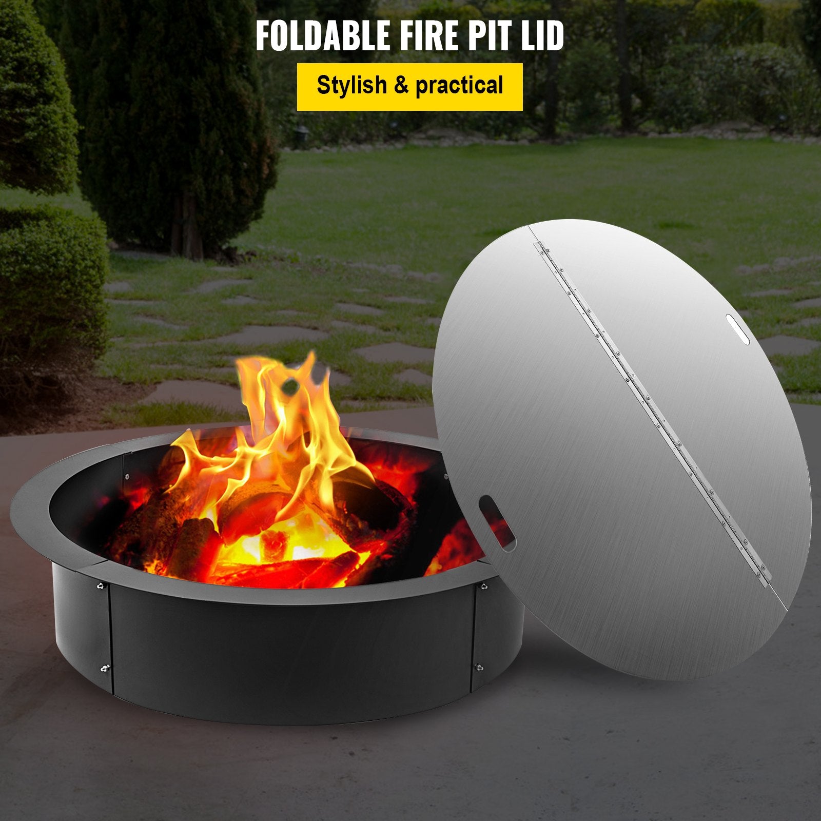 Fire Pit Lid Round 40 Inch Foldable Fire Pit Ring Snuff Cover 430 Stainless Steel Fire Pit Spark Screen Cover V952-GZZDSRSHPGZ40YC01V0
