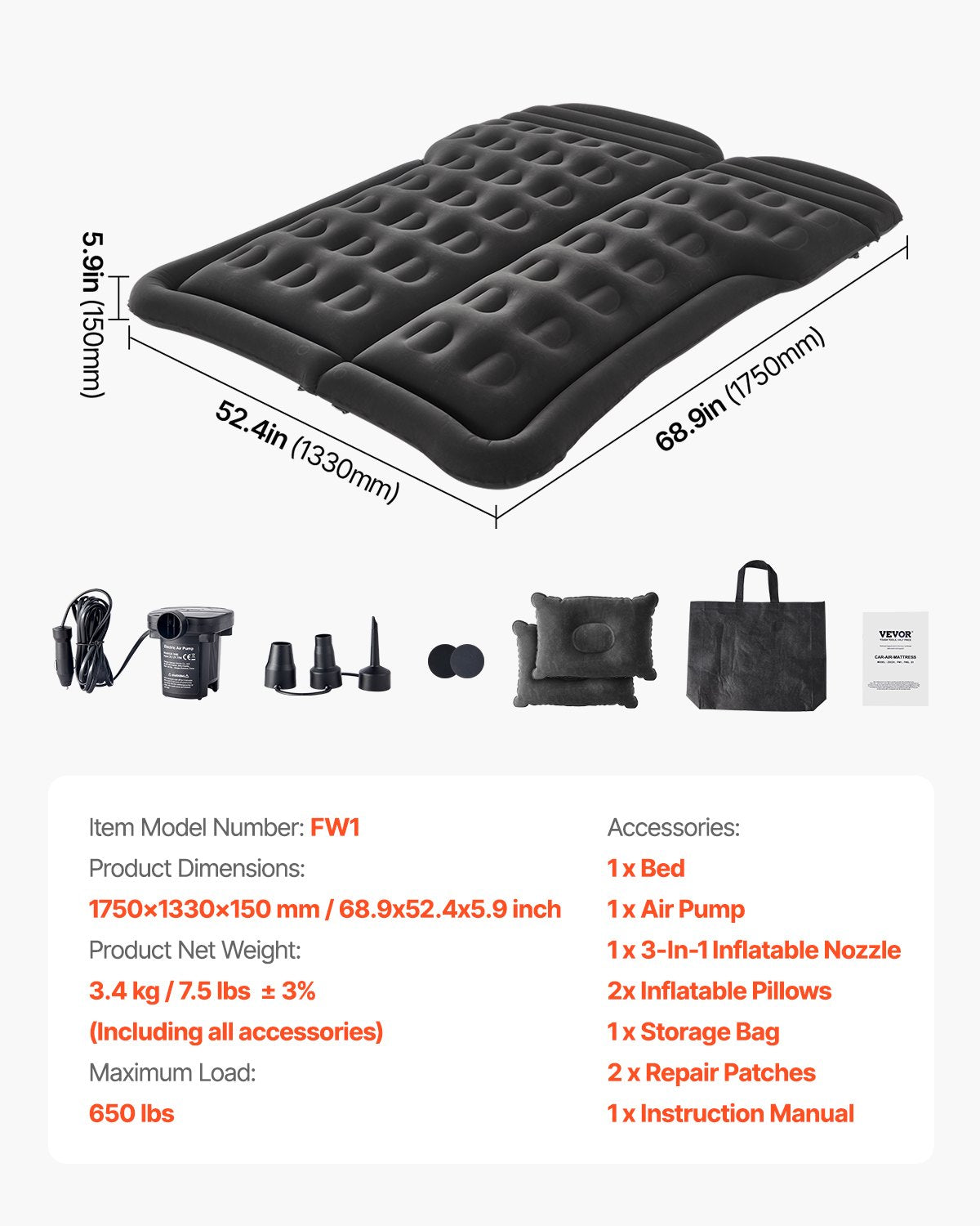 Car Air Mattress Inflatable Car Camping Travel Sleeping Bed SUV MPV Sedan V952-HBXKZRHSTYDZ7UZS4V9