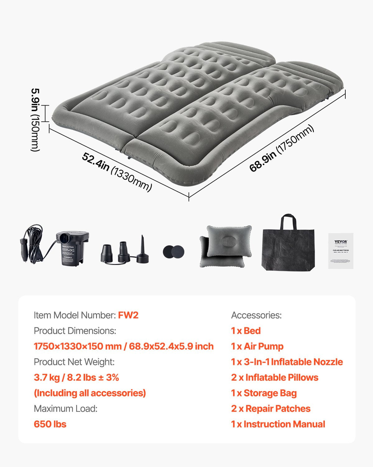 Car Air Mattress, Inflatable Car Camping Mattress, Flocking Thickened Travel Beds, Comfortable and Durable V952-HBXKZRHSTYDZIRA54V9