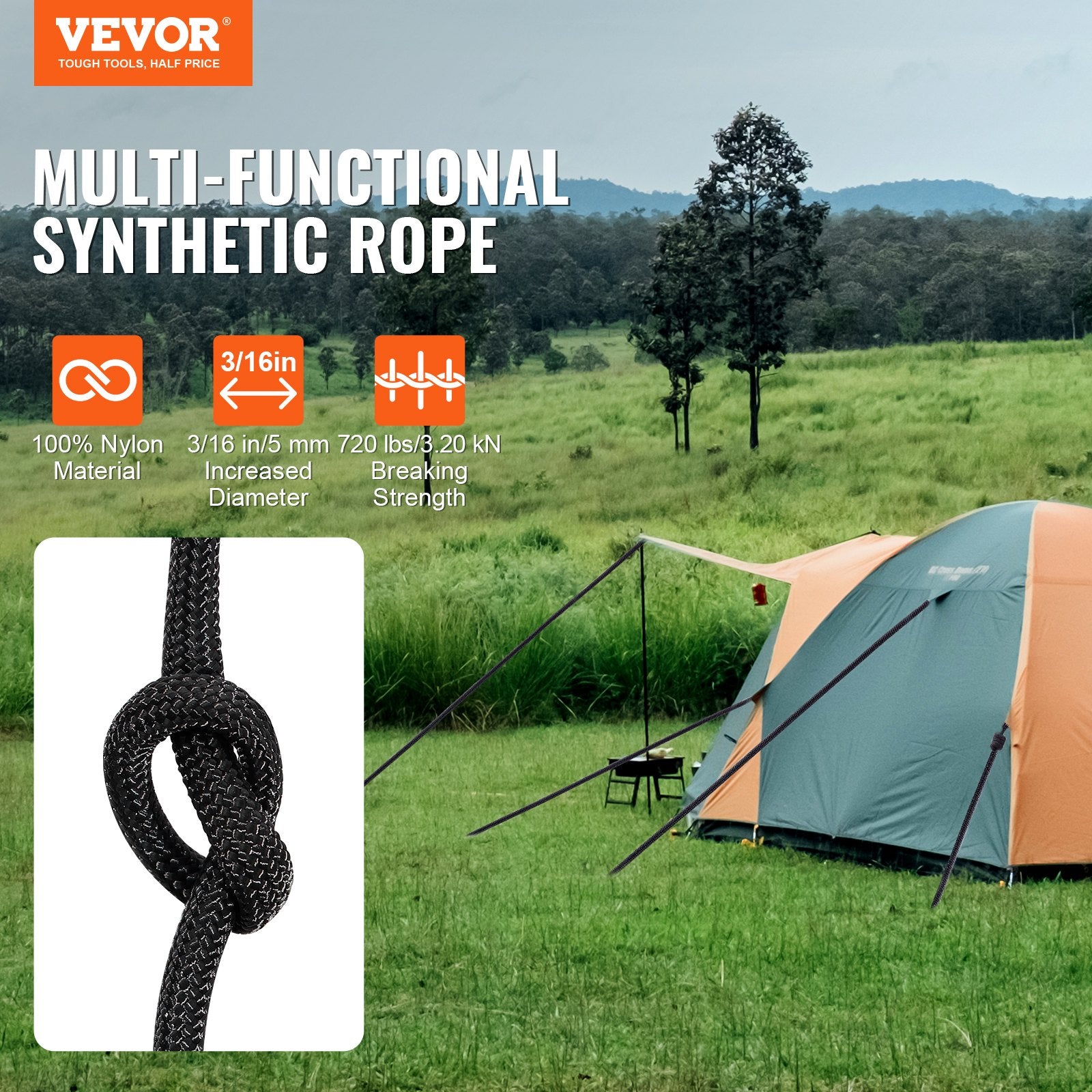 Braided Nylon Rope, 5 mm x 304.8 m, 32 Strands, 3.20kN Breaking Strength Outdoor Climbing Rope, Arborist Tree V952-HCCLSNL316INDUEVBV0