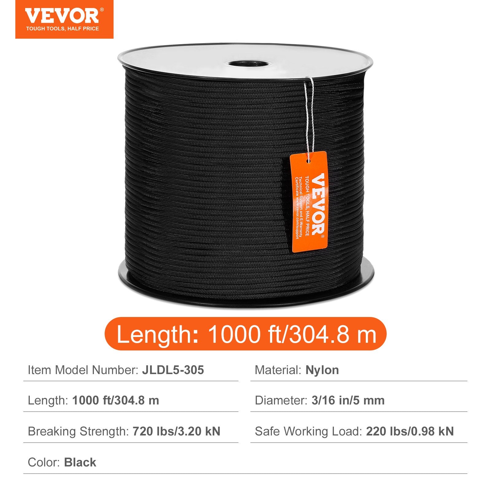 Braided Nylon Rope, 5 mm x 304.8 m, 32 Strands, 3.20kN Breaking Strength Outdoor Climbing Rope, Arborist Tree V952-HCCLSNL316INDUEVBV0