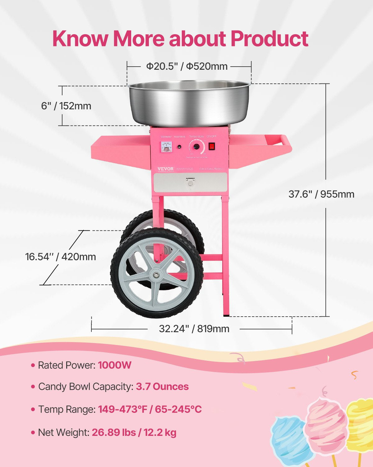 Electric Cotton Candy Machine with Cart, 1000W Commercial Candy Floss Maker with 52cm in Stainless Steel V952-HCDRMHTJFSWGBY4LWV3
