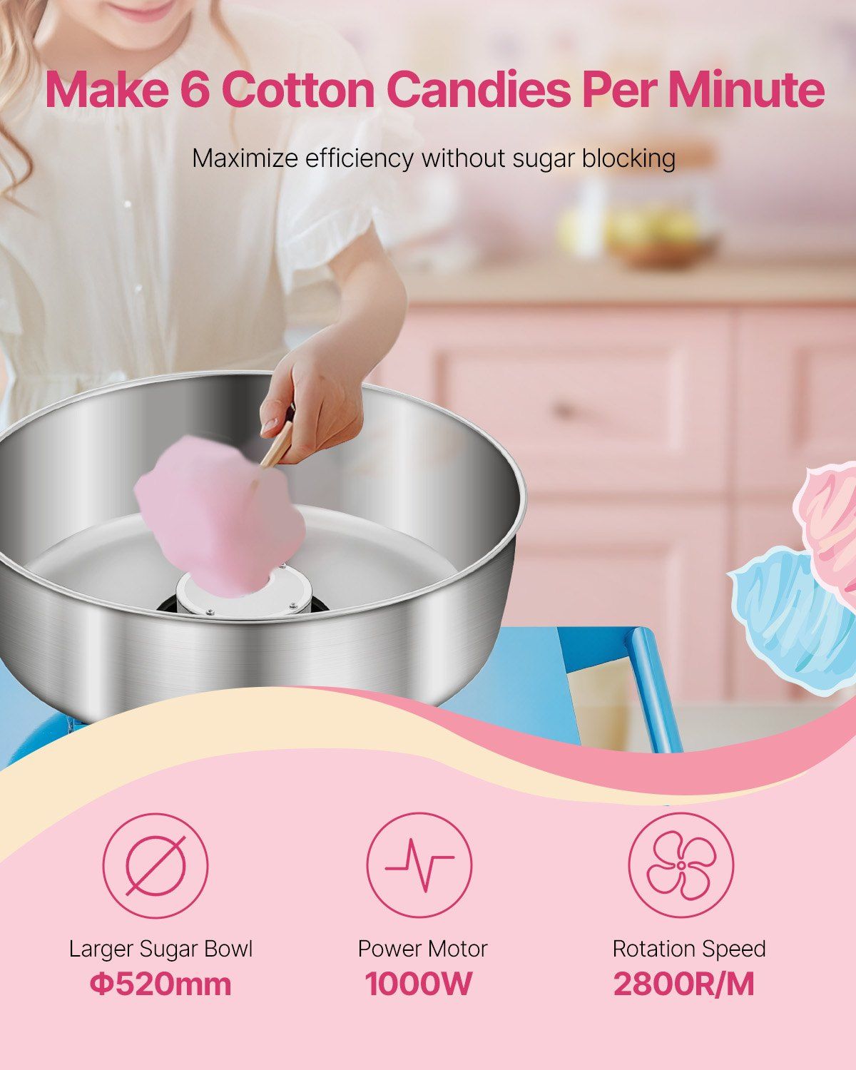 Electric Cotton Candy Machine with Cart, 1000W Commercial Candy Floss Maker with 52cm Stainless Steel Bowl, V952-HCDRMHTJLSWGM2LX4V3