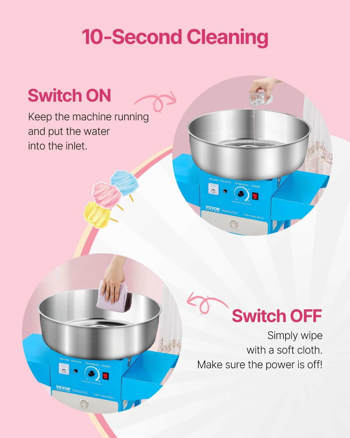 Electric Cotton Candy Machine with Cart, 1000W Commercial Candy Floss Maker with 52cm Stainless Steel Bowl, V952-HCDRMHTJLSWGM2LX4V3