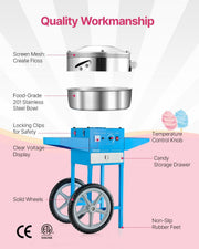 Electric Cotton Candy Machine with Cart, 1000W Commercial Candy Floss Maker with 52cm Stainless Steel Bowl, V952-HCDRMHTJLSWGM2LX4V3