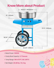 Electric Cotton Candy Machine with Cart, 1000W Commercial Candy Floss Maker with 52cm Stainless Steel Bowl, V952-HCDRMHTJLSWGM2LX4V3