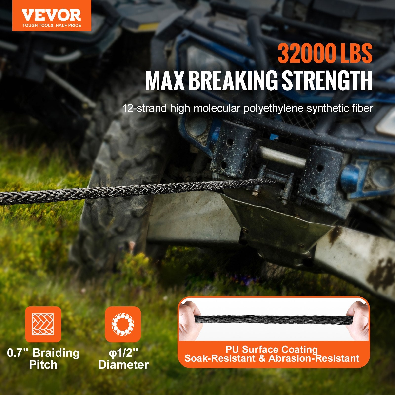 Synthetic Winch Rope, 12.7 mm x 28 m, 142.3 kN, Synthetic Winch Line Cable Rope with Protective Sleeve + V952-HCJPSJYX12IN5PYEKV0