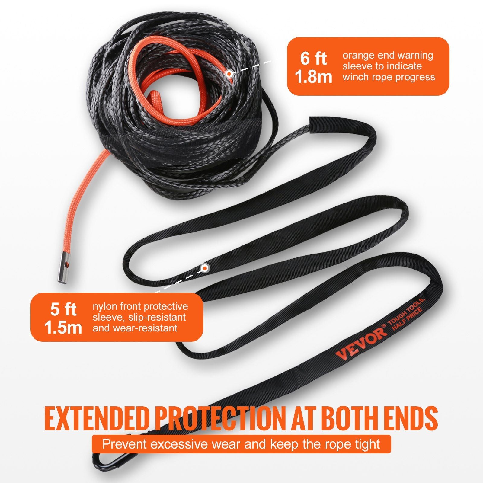 Synthetic Winch Rope, 9.5 mm x 30.5 m, 117.9 kN, Synthetic Winch Line Cable Rope with Protective Sleeve + V952-HCJPSJYX38IN93VS7V0